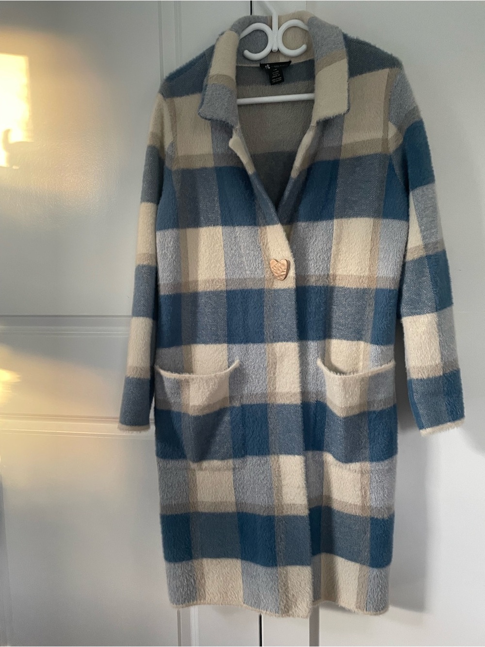 Soft Blue & Cream Plaid Long Coat
